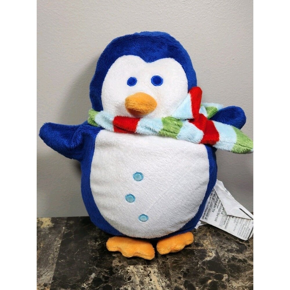 2007 Holiday Blue Microbead Penguin Plush Pillow Stuffed Animal Striped Scarf